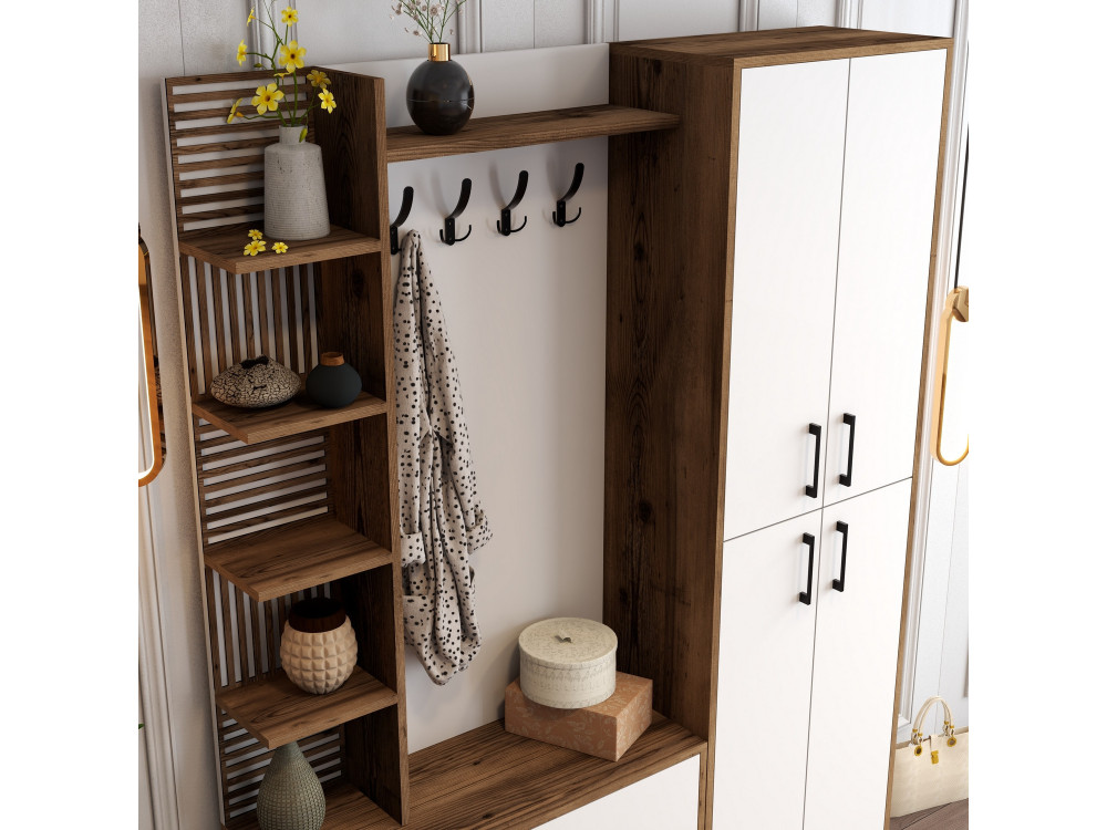 Mueble recibidor de madera "Viyana DA" - 35 x 60 x 200 cm - Nogal, Blanco
