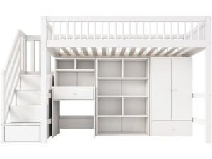 Cama alta de madera con vestidor y escritorio integrado «Amélia» - 90 x 190 cm - Blanco
