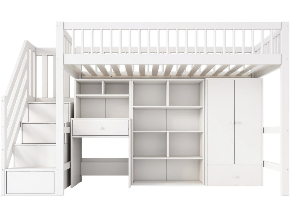 Cama alta de madera con vestidor y escritorio integrado «Amélia» - 90 x 190 cm - Blanco