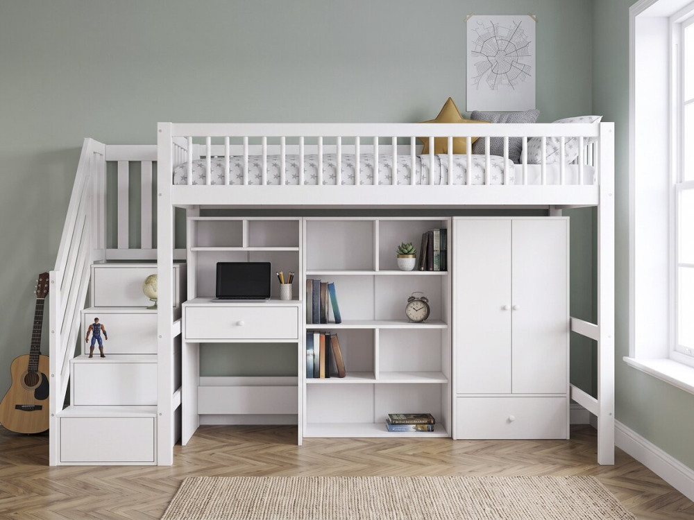 Cama alta de madera con vestidor y escritorio integrado «Amélia» - 90 x 190 cm - Blanco