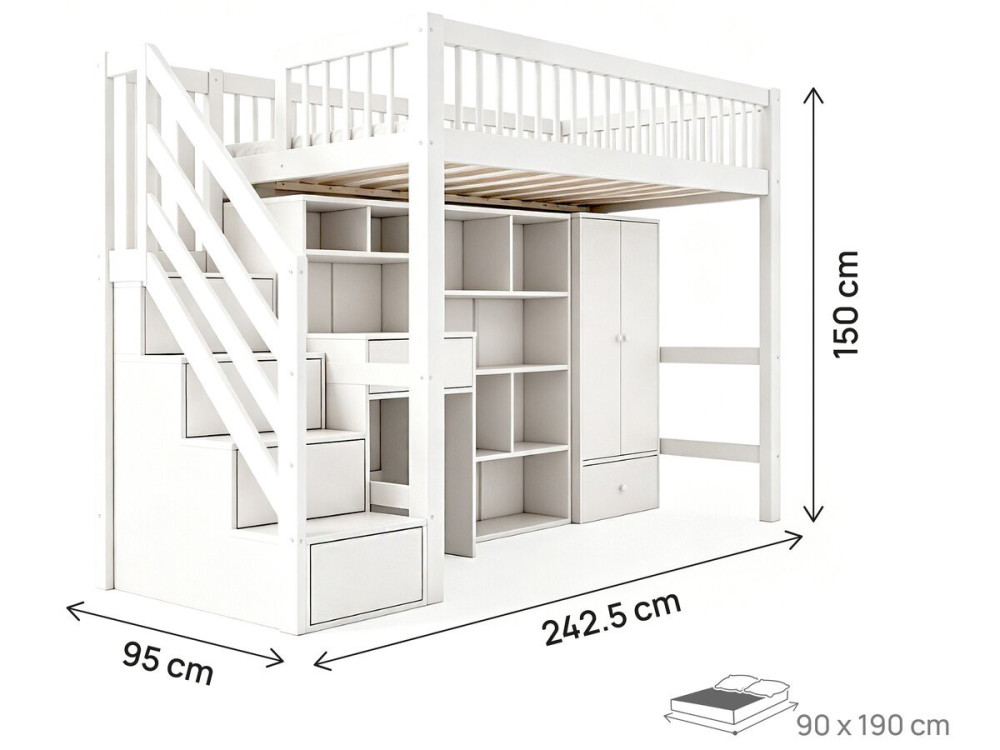 Cama alta de madera con vestidor y escritorio integrado «Amélia» - 90 x 190 cm - Blanco