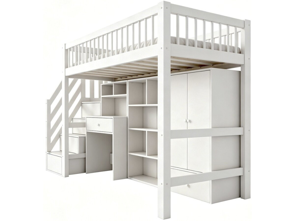 Cama alta de madera con vestidor y escritorio integrado «Amélia» - 90 x 190 cm - Blanco
