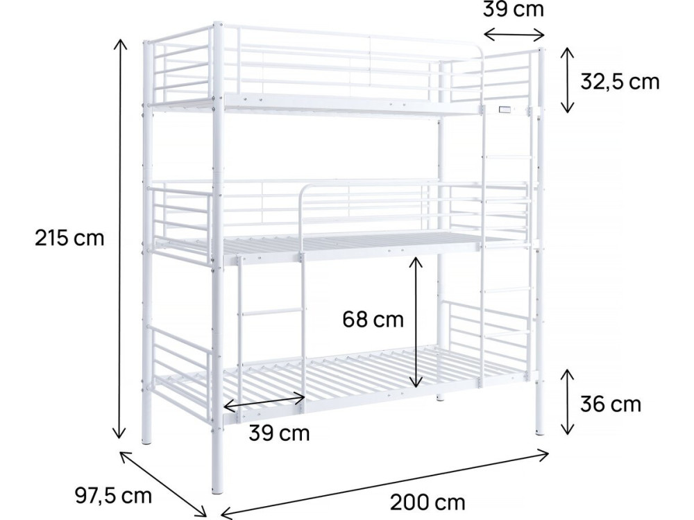 Litera triple metálica "Havin" - 90 x 190 cm - Blanca
