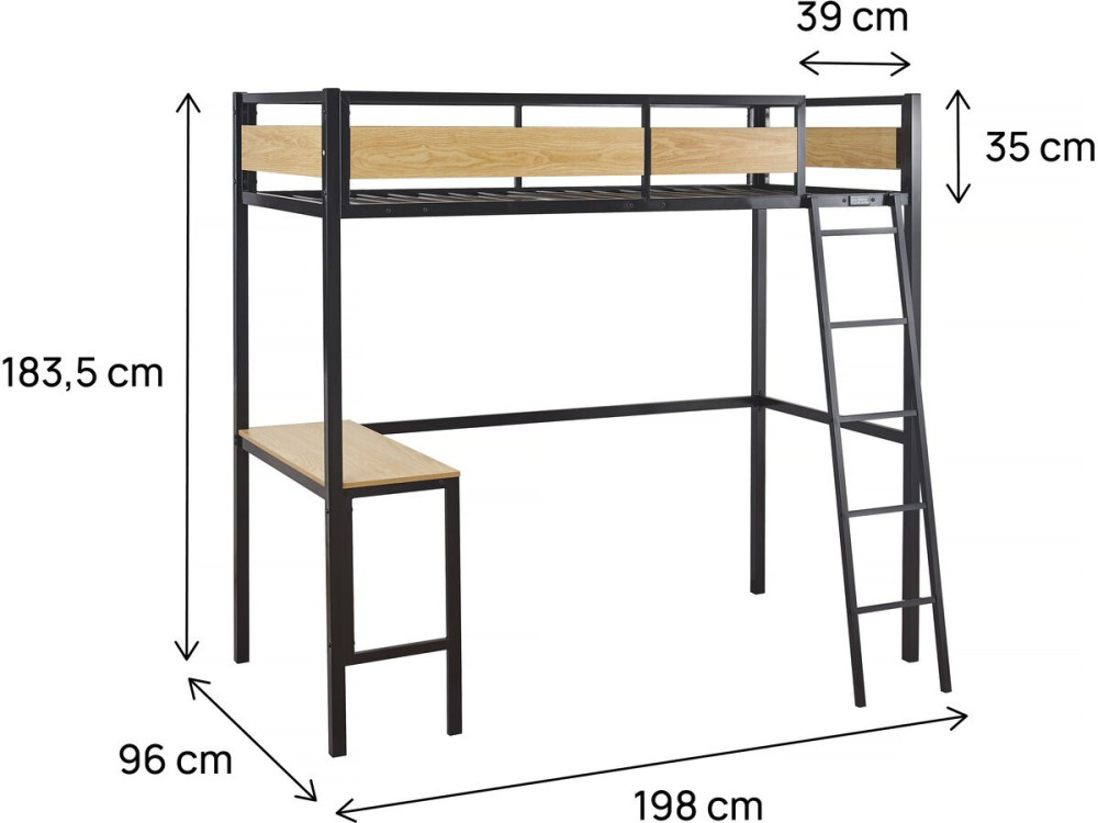 Cama entrepiso “Ethan” con escritorio - 90 x 190 cm - Negro