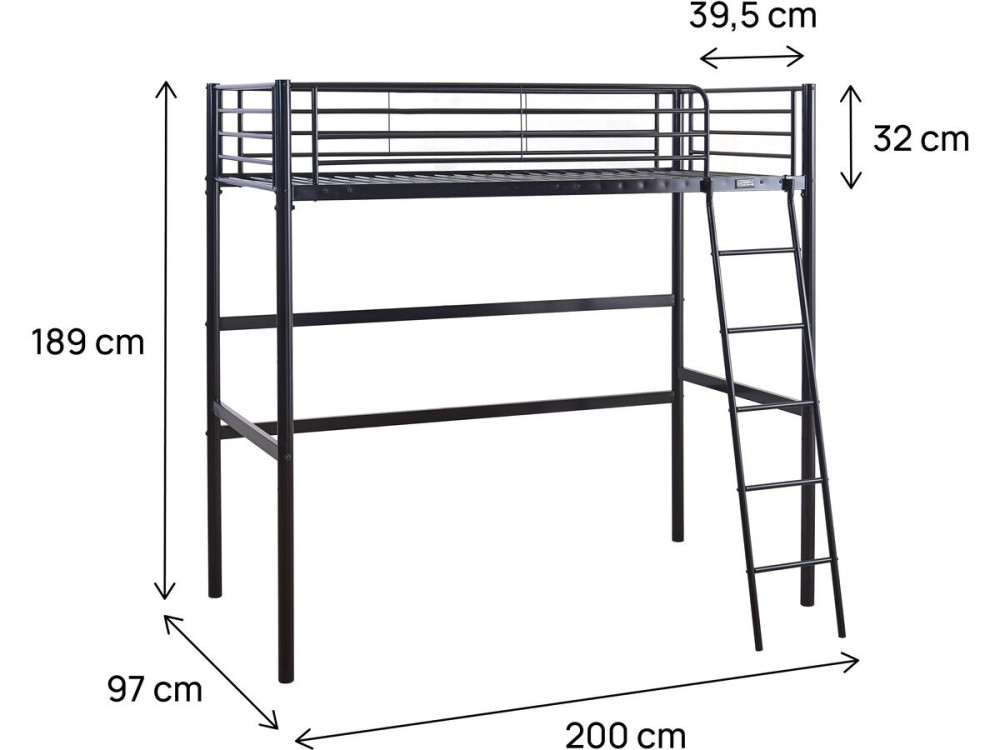 Cama alta de metal "Alora" - 90 x 190 cm - Negro
