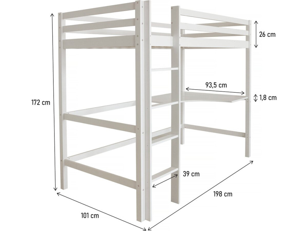 Cama mezzanine  infantil con escritorio "Angéla" 90 x 190 cm - Blanco
