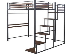 Cama alta de metal con escalera "LENA" - 140 x 200 cm - Negro y marrón nogal