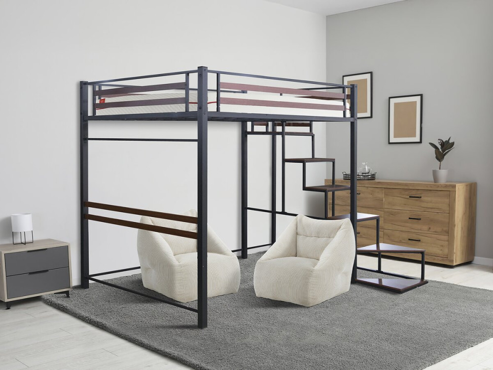 Cama alta de metal con escalera "LENA" - 140 x 200 cm - Negro y marrón nogal
