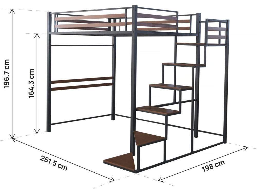 Cama alta de metal con escalera "LENA" - 140 x 200 cm - Negro y marrón nogal