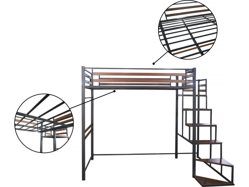 Cama alta de metal con escalera "LENA" - 140 x 200 cm - Negro y marrón nogal