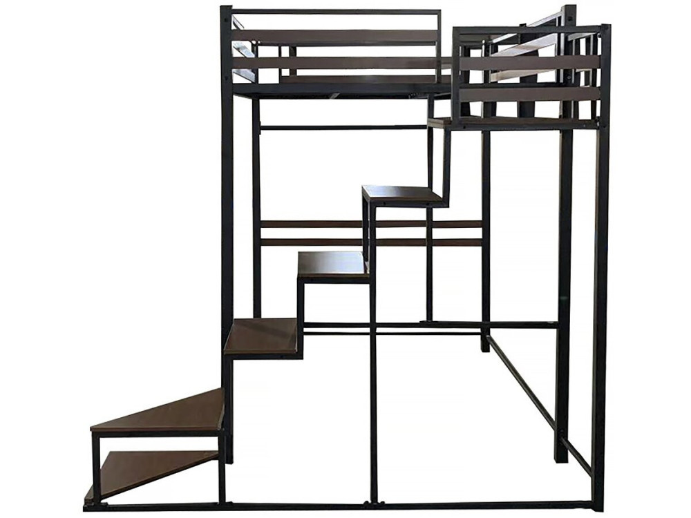 Cama alta de metal con escalera "LENA" - 140 x 200 cm - Negro y marrón nogal