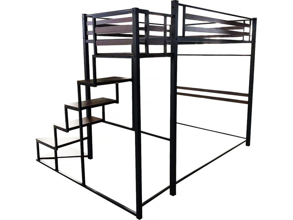 Cama alta de metal con escalera "LENA" - 140 x 200 cm - Negro y marrón nogal
