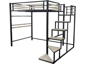 Cama alta de metal con escaleras "LENA" - 140 x 200 cm - Negro