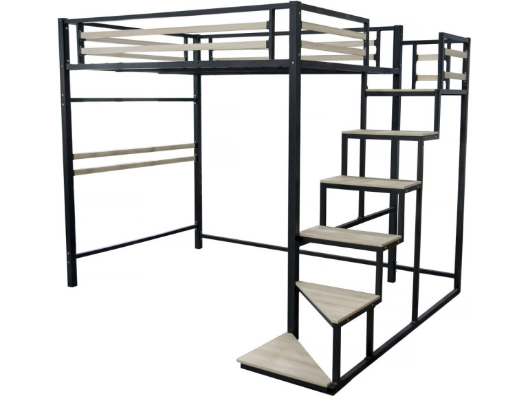 Cama alta de metal con escaleras "LENA" - 140 x 200 cm - Negro