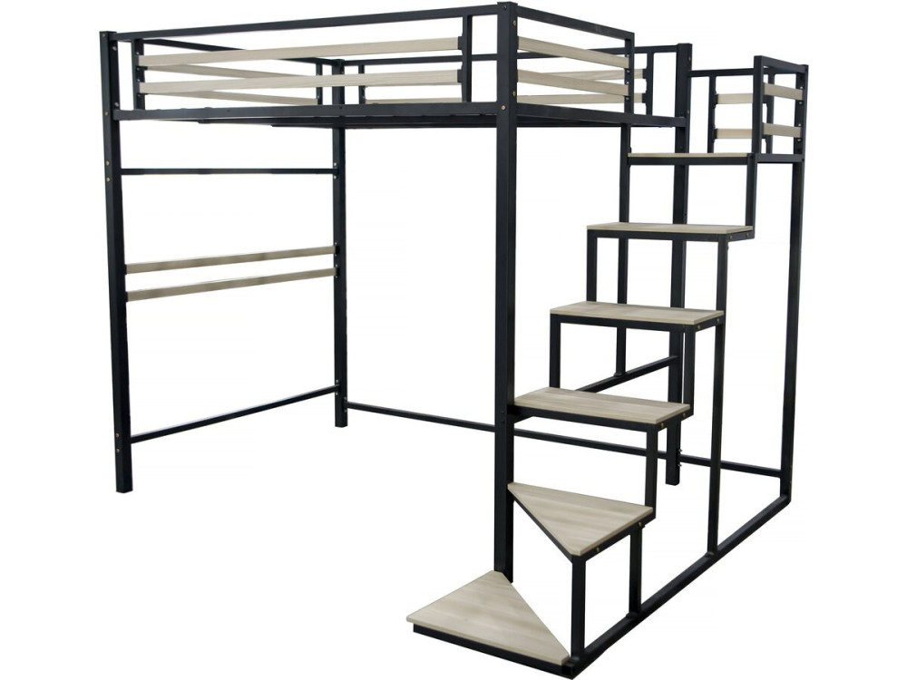 Cama alta de metal con escaleras "LENA" - 140 x 200 cm - Negro