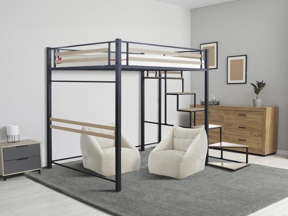 Cama alta de metal con escaleras "LENA" - 140 x 200 cm - Negro
