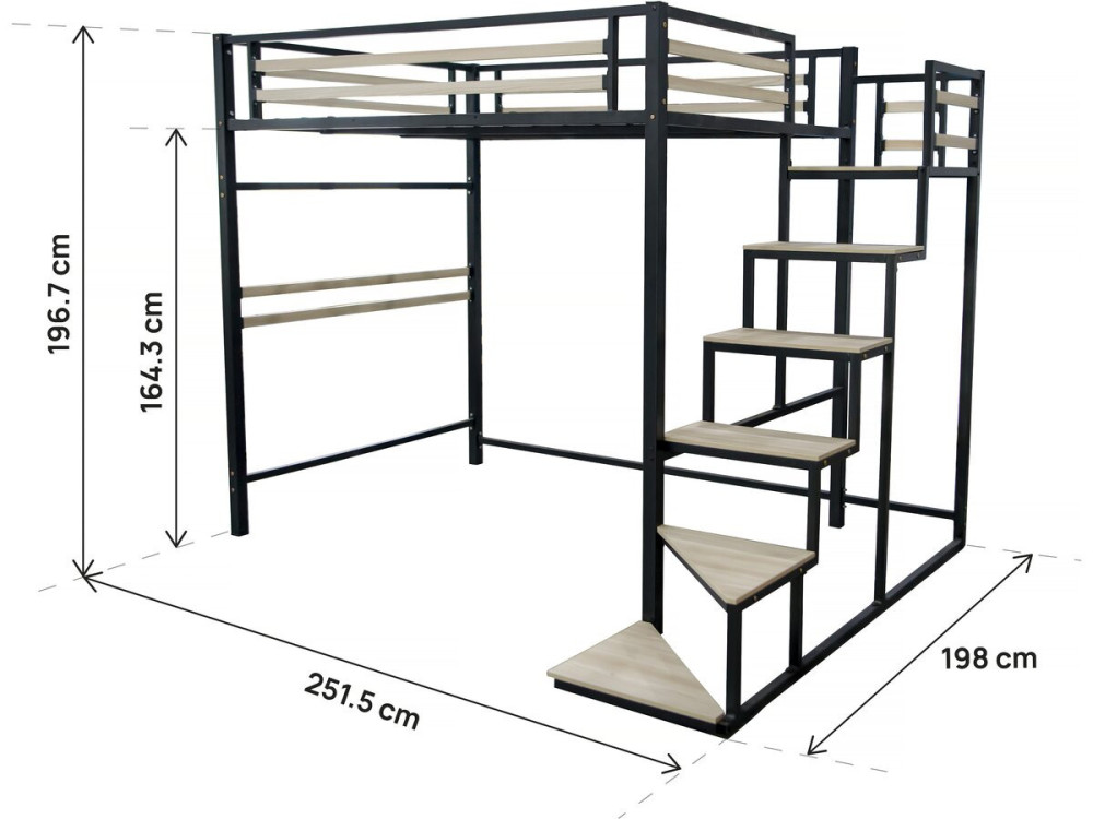 Cama alta de metal con escaleras "LENA" - 140 x 200 cm - Negro