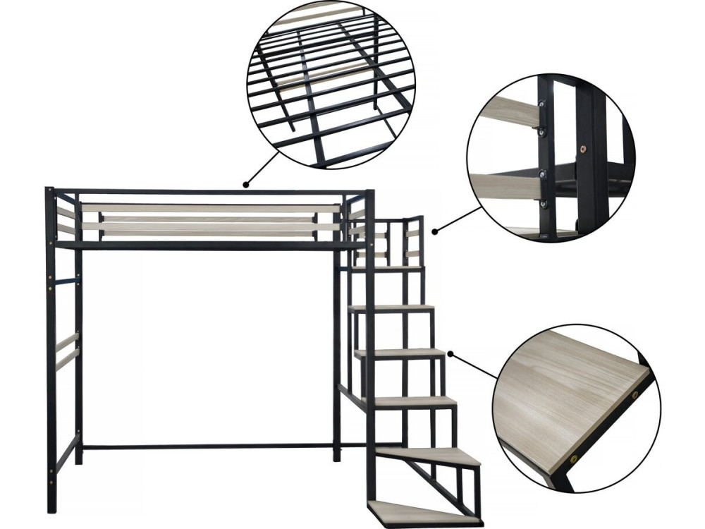 Cama alta de metal con escaleras "LENA" - 140 x 200 cm - Negro