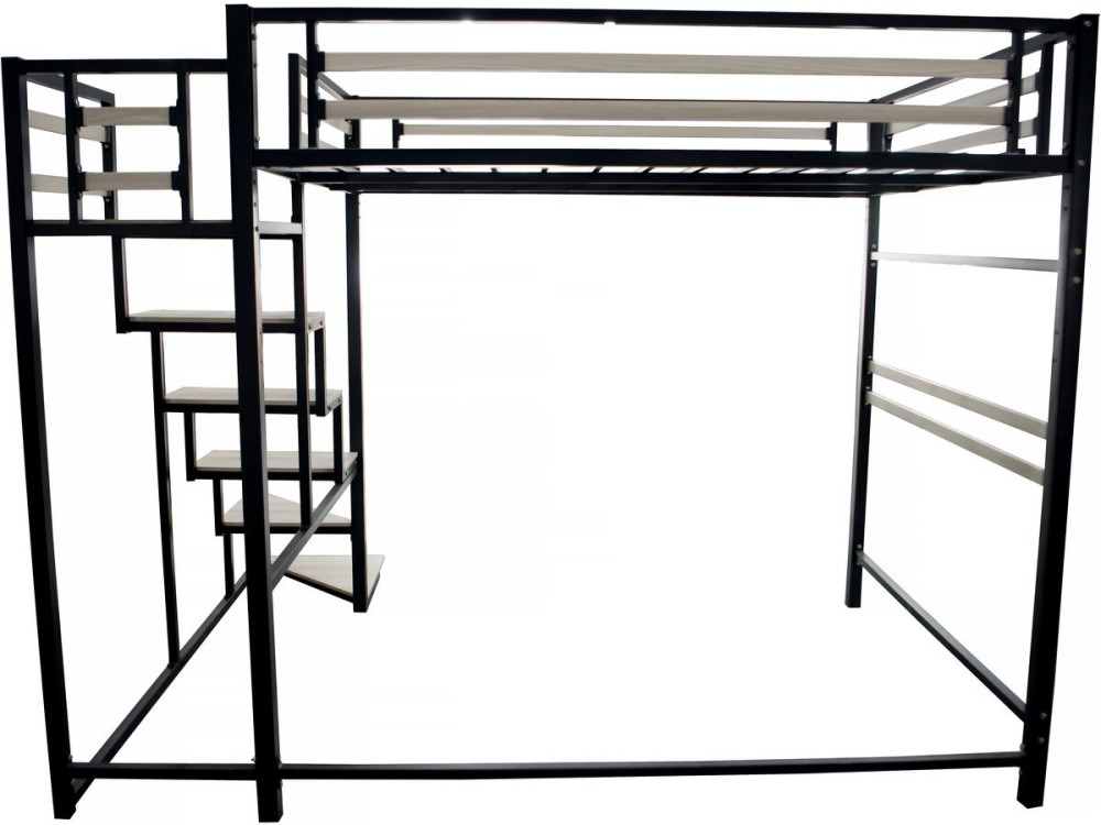 Cama alta de metal con escaleras "LENA" - 140 x 200 cm - Negro