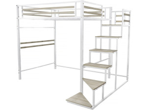 Cama alta de metal con escalera "LENA" - 140 x 200 cm - Blanco