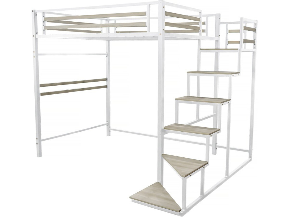 Cama alta de metal con escalera "LENA" - 140 x 200 cm - Blanco
