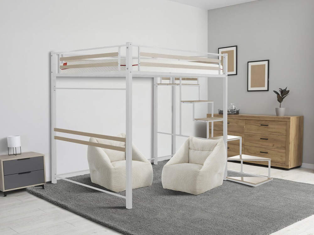 Cama alta de metal con escalera "LENA" - 140 x 200 cm - Blanco