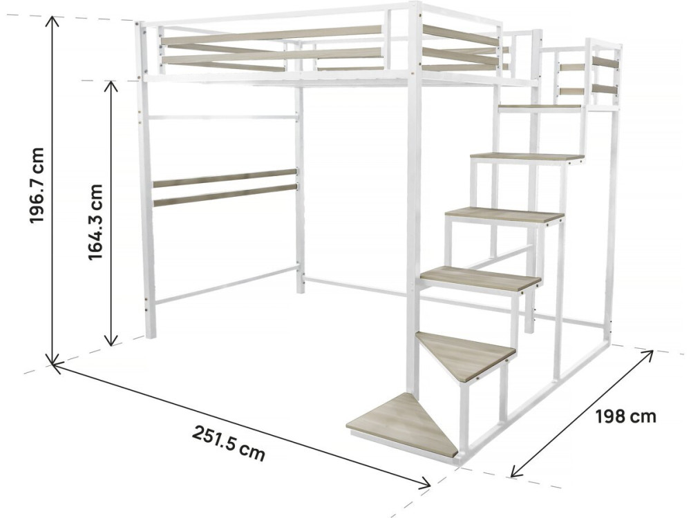 Cama alta de metal con escalera "LENA" - 140 x 200 cm - Blanco