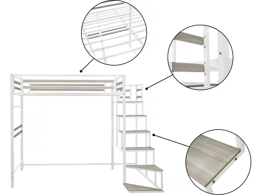 Cama alta de metal con escalera "LENA" - 140 x 200 cm - Blanco