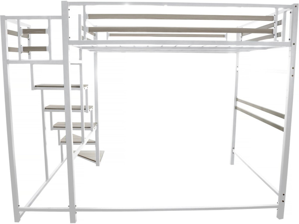 Cama alta de metal con escalera "LENA" - 140 x 200 cm - Blanco