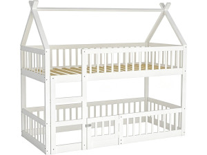 Litera tipo cabaña de madera con escalera «Laith» - 90 x 190 cm - Blanco