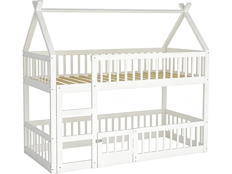 Litera tipo cabaña de madera con escalera «Laith» - 90 x 190 cm - Blanco