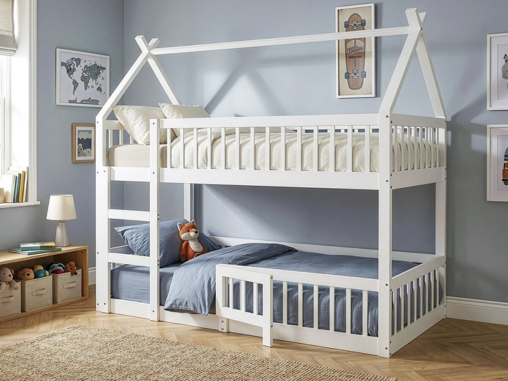 Litera tipo cabaña de madera con escalera «Laith» - 90 x 190 cm - Blanco