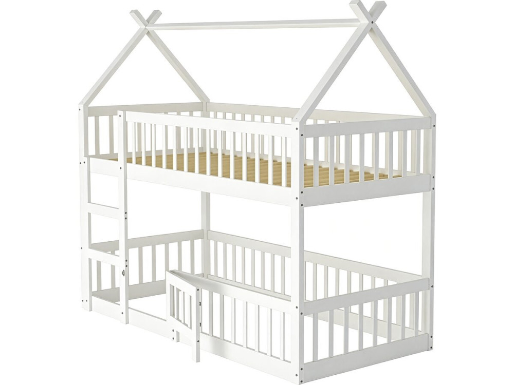 Litera tipo cabaña de madera con escalera «Laith» - 90 x 190 cm - Blanco