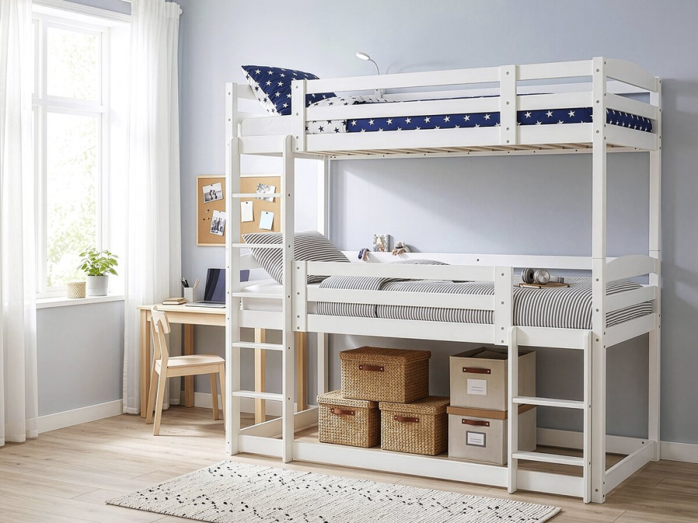 Litera de madera con escalera «Sephora» - 90 x 190 cm - Blanco