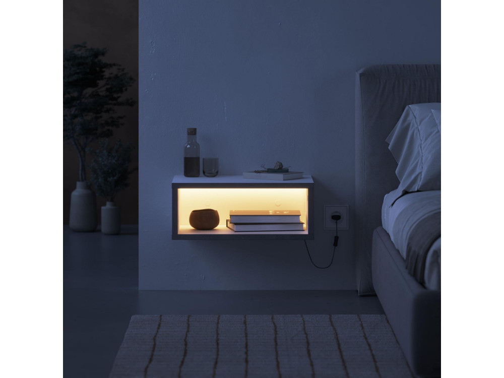 Mesilla de noche de madera "Brik" con iluminación LED - 45 x 30 x 18 cm - Blanco
