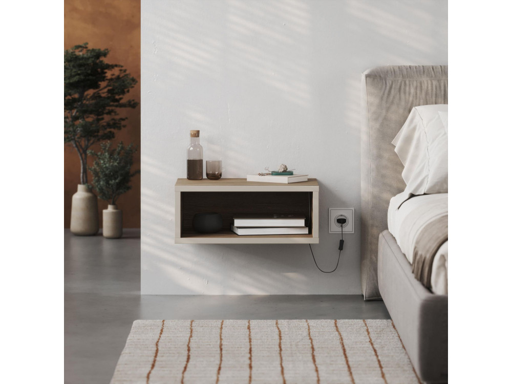 Mesilla de noche de madera "Brik" con luz LED - 45 x 30 x 18 cm - Marrón