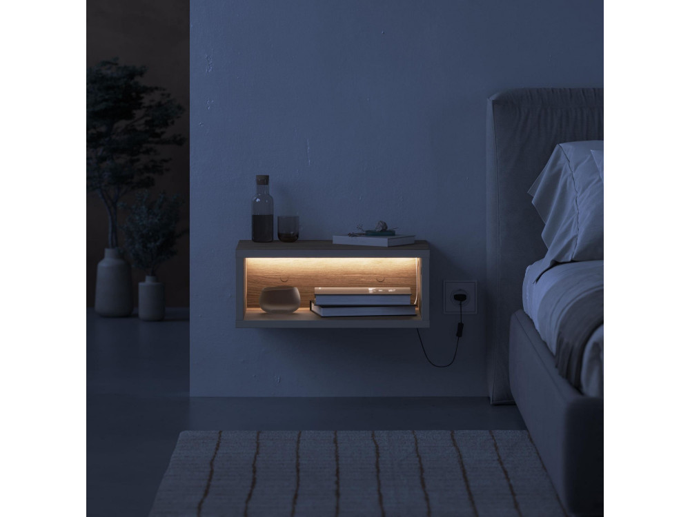 Mesilla de noche de madera "Brik" con luz LED - 45 x 30 x 18 cm - Marrón