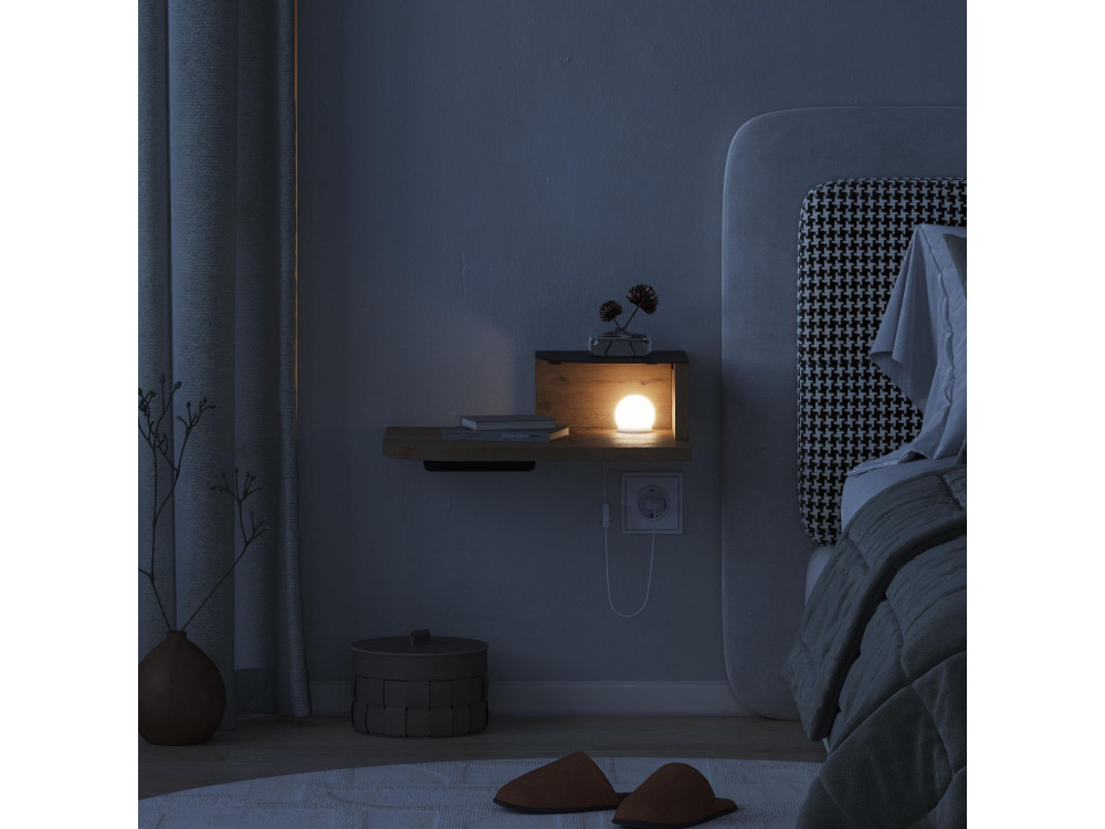 Mesilla de noche "Luno" con bombilla de madera - 40 x 30 x 16 cm - Marrón