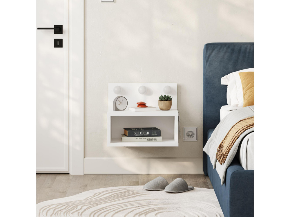 Mesilla de noche "Treo" con bombilla de madera - 40 x 30 x 34 cm - Blanco