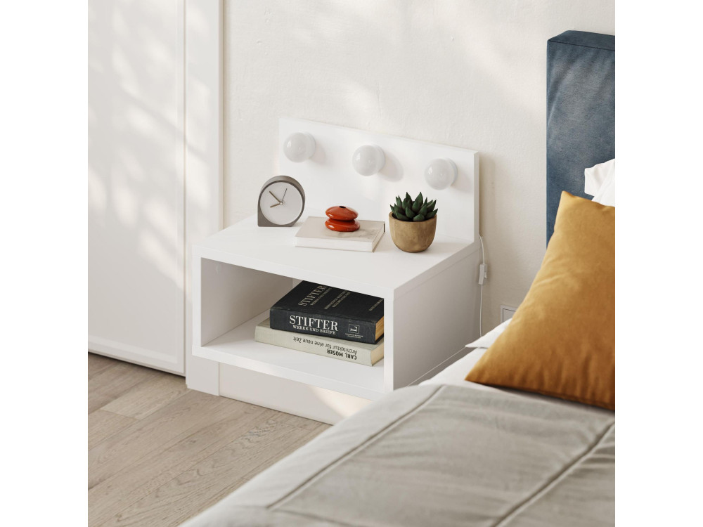 Mesilla de noche "Treo" con bombilla de madera - 40 x 30 x 34 cm - Blanco