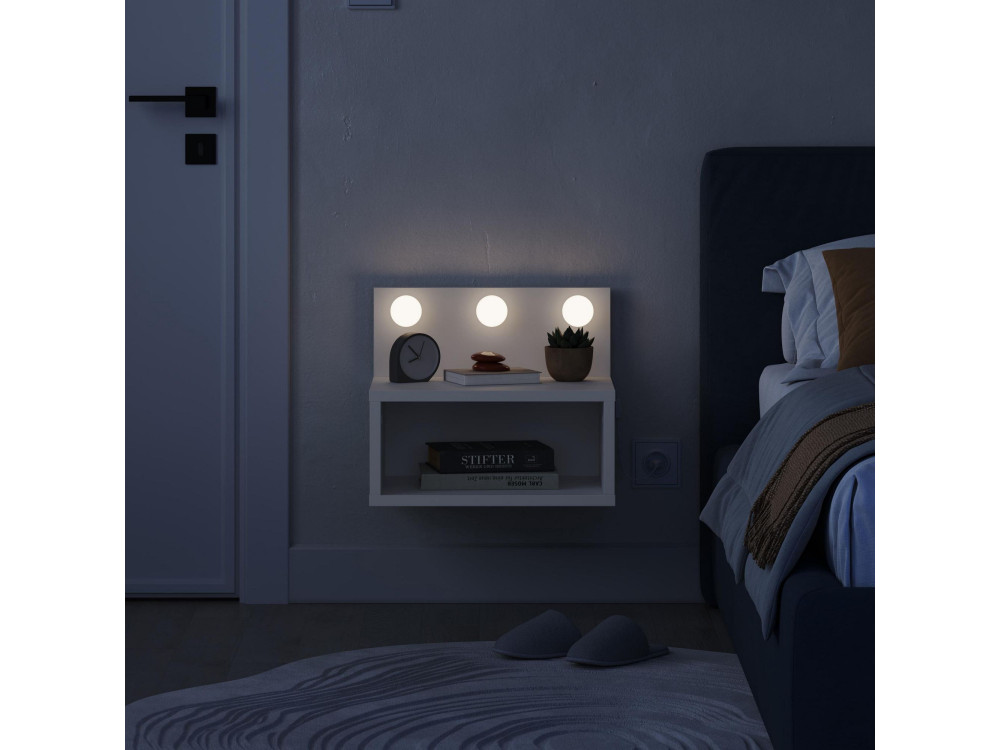 Mesilla de noche "Treo" con bombilla de madera - 40 x 30 x 34 cm - Blanco