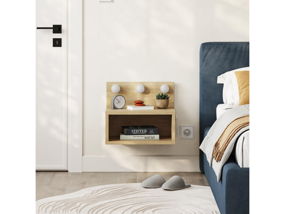 Mesilla de noche "Treo" con bombilla de madera - 40 x 30 x 34 cm - Beige
