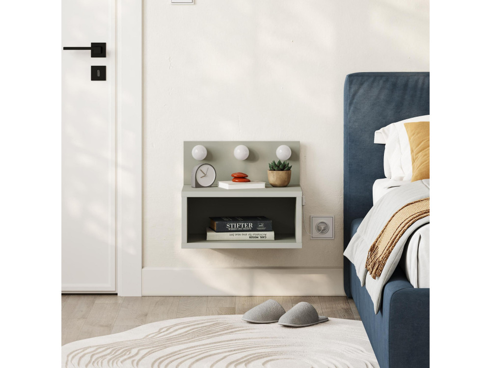 Mesilla de noche "Treo" con bombilla de madera - 40 x 30 x 34 cm - Gris