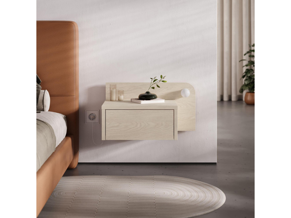 Mesilla de noche "Dotta" con bombilla de madera - 52 x 30 x 28 cm - Beige