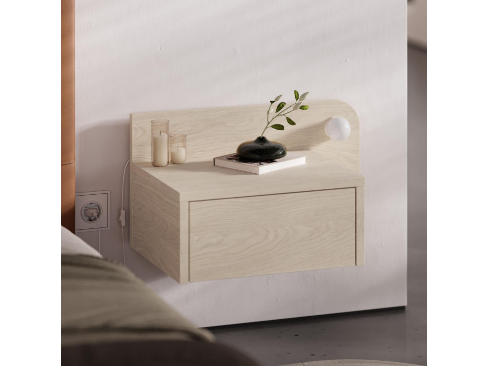 Mesilla de noche "Dotta" con bombilla de madera - 52 x 30 x 28 cm - Beige