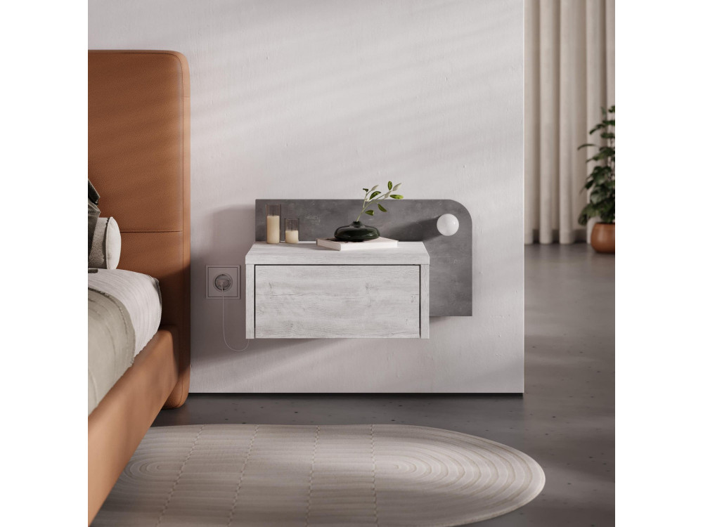 Mesilla de noche "Dotta" con bombilla de madera - 52 x 30 x 28 cm - Gris