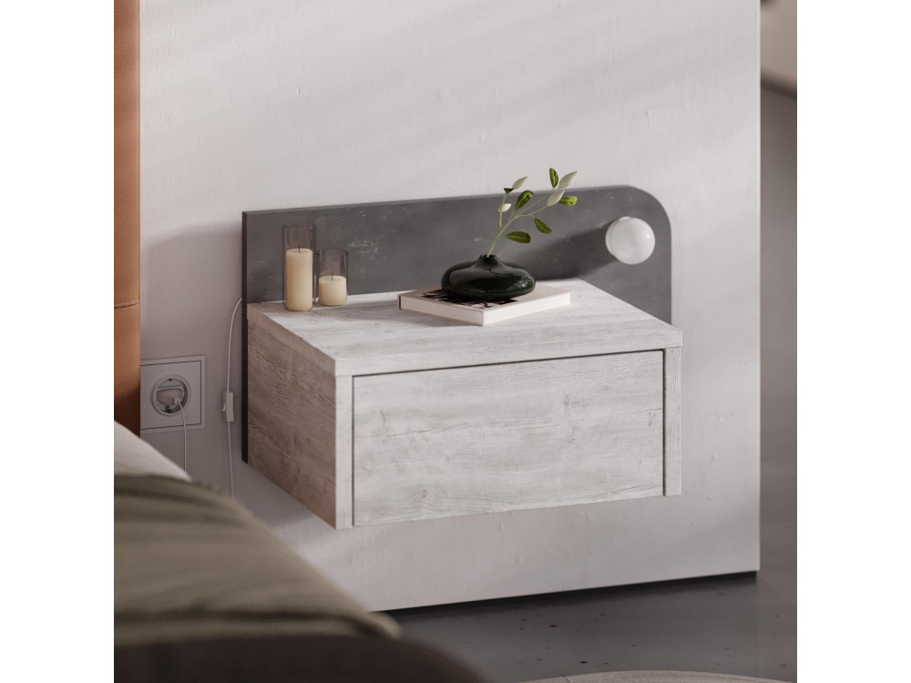 Mesilla de noche "Dotta" con bombilla de madera - 52 x 30 x 28 cm - Gris