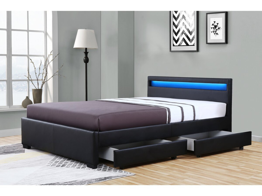Cama LED "NICO" 140 × 190 cm - Negro