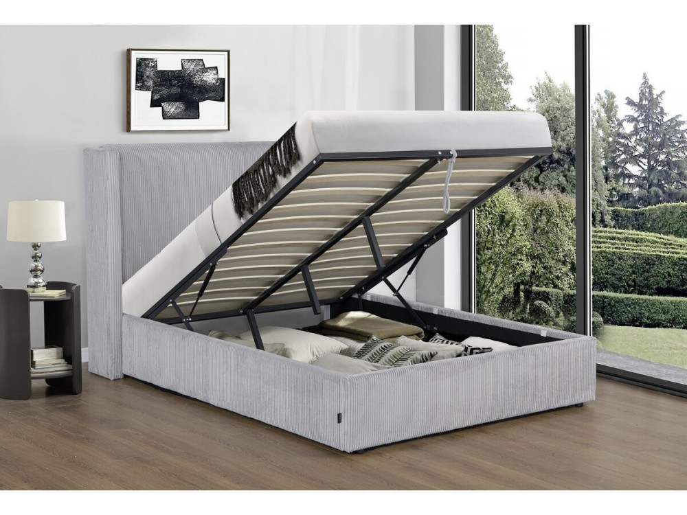Cama doble de pana con cómoda integrada y lámpara "Cortina" - 140 x 190 cm - Gris