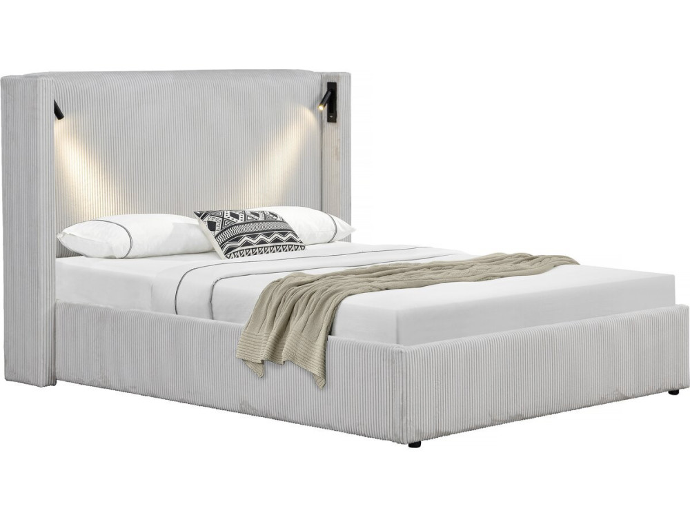 Cama doble de pana con cómoda integrada y lámpara "Cortina" - 160 x 200 cm - Beige